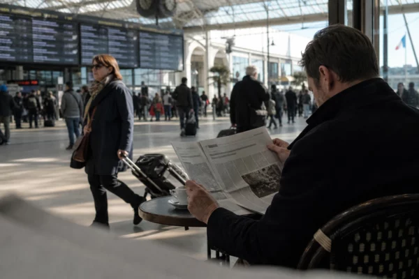 Voyageurs dans une gare française lumineuse, avec un journal plié et une ambiance de reportage politique.
