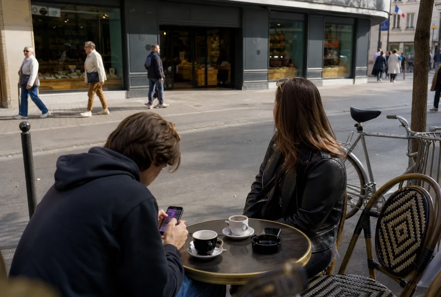 Deux jeunes adultes en terrasse de café dans une rue française, avec smartphone flou et passants en arrière-plan.
