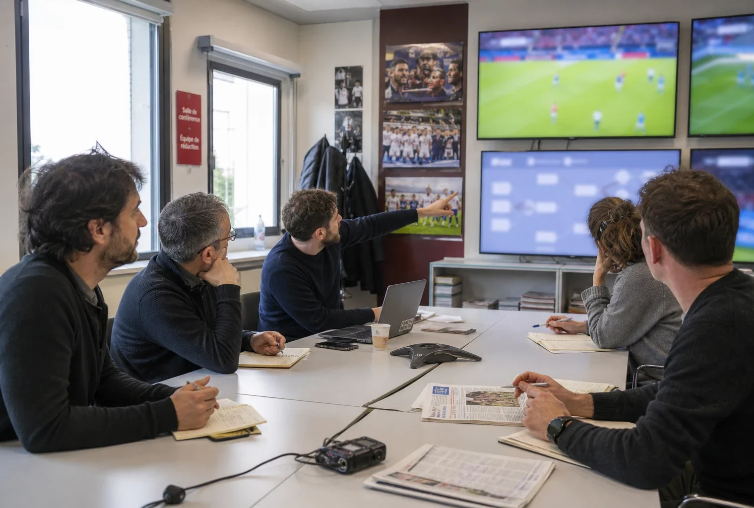 Cinq journalistes réunis dans une newsroom parisienne pour suivre la Coupe du monde sur des écrans flous.