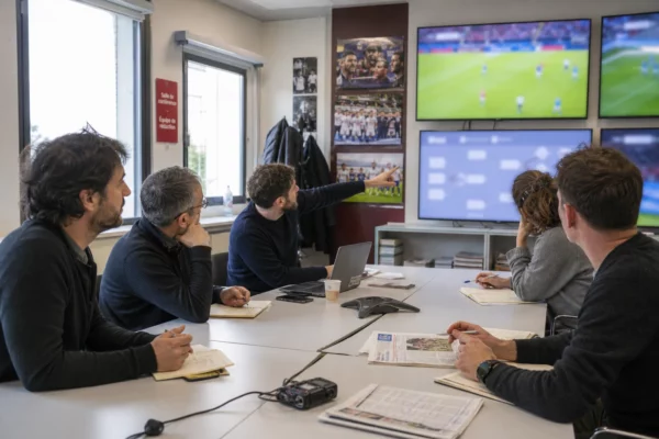 Cinq journalistes réunis dans une newsroom parisienne pour suivre la Coupe du monde sur des écrans flous.