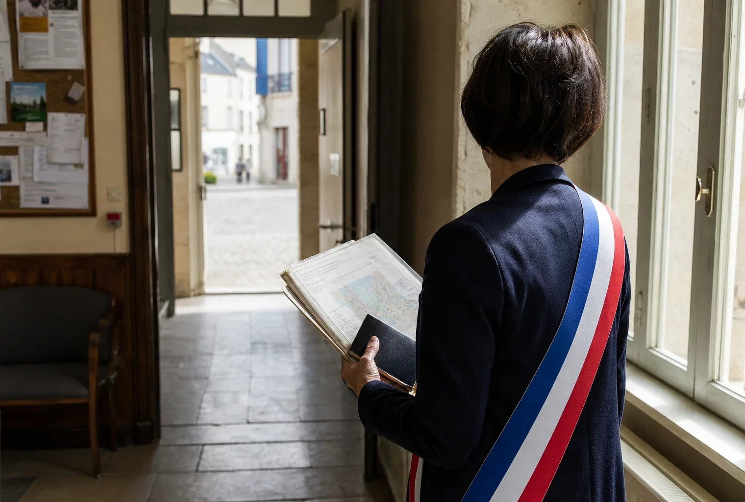 Collaborateur municipal de dos tenant un dossier dans un couloir de mairie lumineux, avec rue floue en arrière-plan.