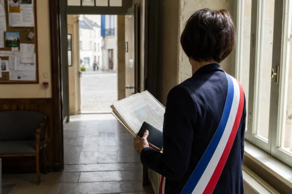 Collaborateur municipal de dos tenant un dossier dans un couloir de mairie lumineux, avec rue floue en arrière-plan.
