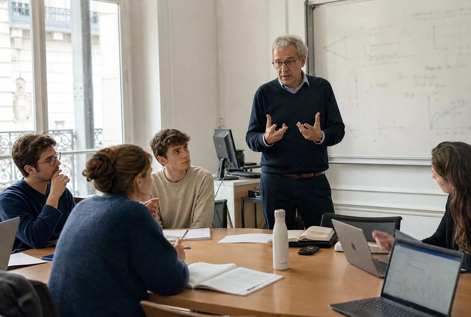 Séminaire d’économie dans une université française, avec étudiants, livres ouverts et tableau flou en arrière-plan.