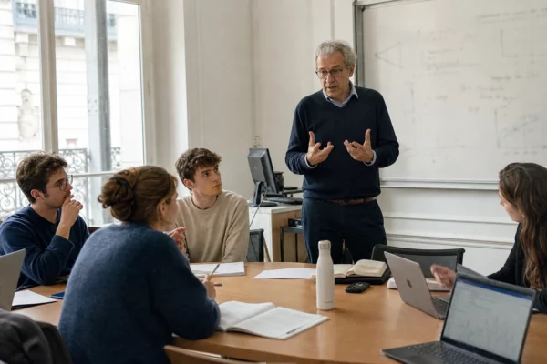 Séminaire d’économie dans une université française, avec étudiants, livres ouverts et tableau flou en arrière-plan.