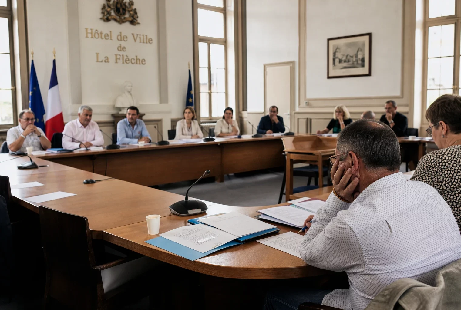 Salle du conseil municipal à La Flèche, avec chaise vide, micros et dossiers flous dans une lumière claire.
