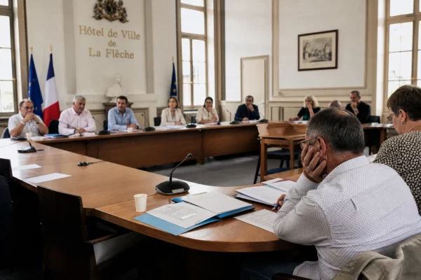 Salle du conseil municipal à La Flèche, avec chaise vide, micros et dossiers flous dans une lumière claire.