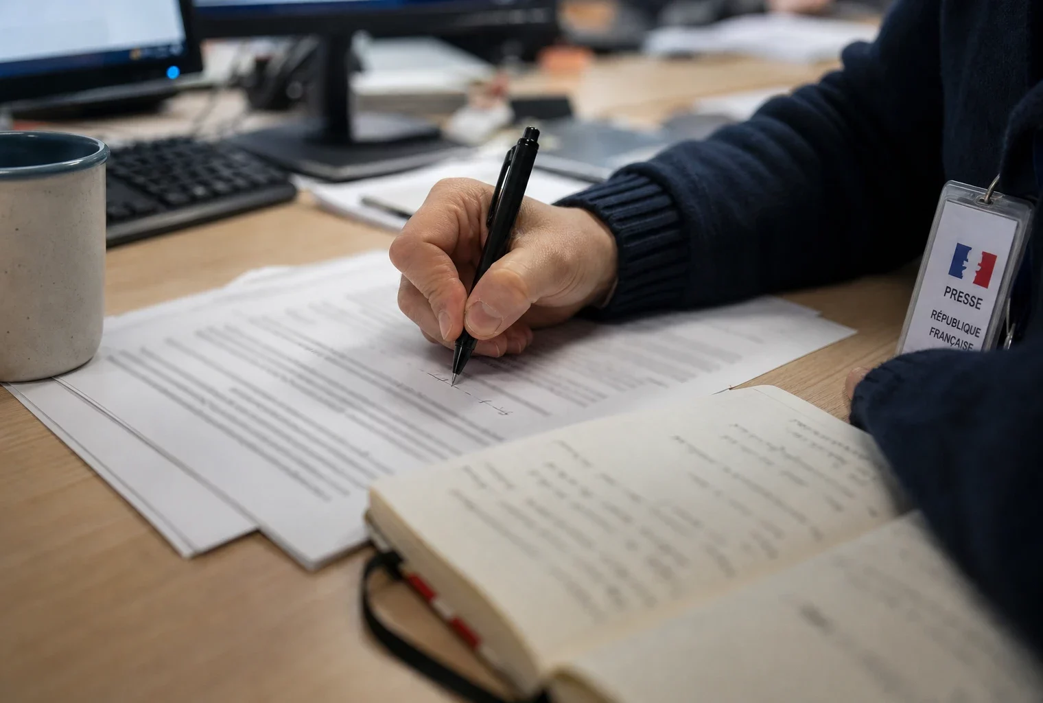 Main de journaliste annotant une page imprimée floue dans une rédaction française, avec carnet et lumière de fenêtre.