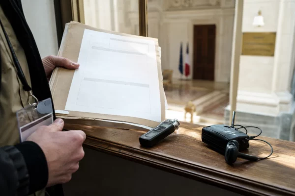 Une main tient un dossier de briefing et un badge de presse près d’un enregistreur dans un couloir institutionnel lumineux.