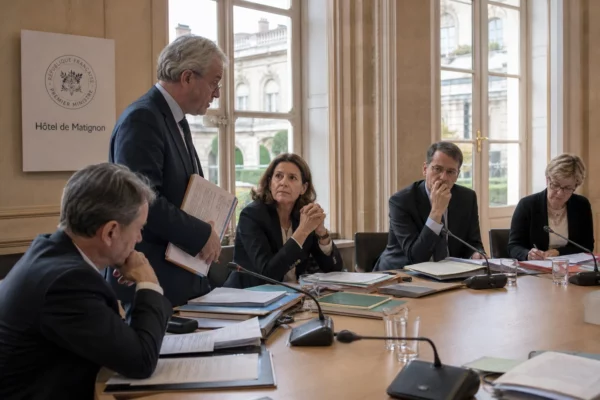 Réunion ministérielle à Matignon avec plusieurs conseillers autour d’une table avant les débats budgétaires.