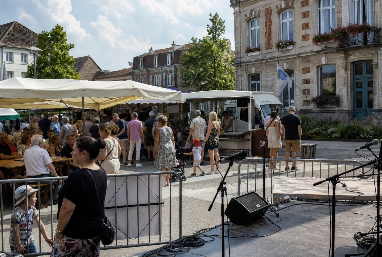 Place de Liévin animée par une fête locale, avec habitants anonymes, stands de quartier et mairie en arrière-plan.