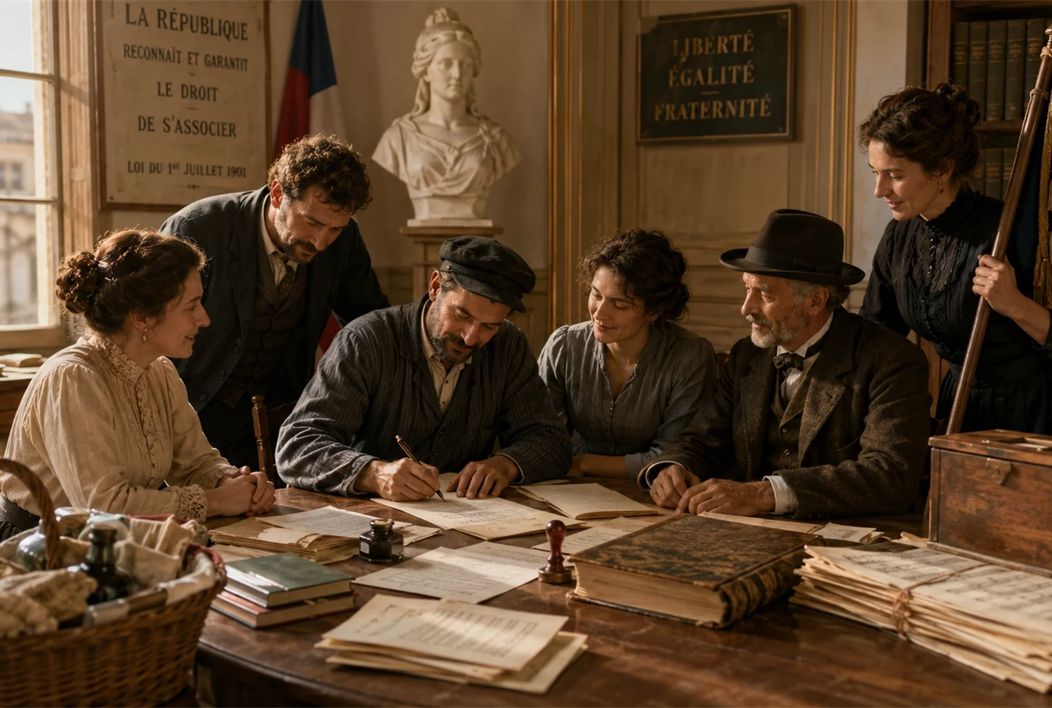 Des citoyens réunis dans une salle municipale française vers 1901 signent les statuts d’une association autour d’une table, symbole de la liberté d’association reconnue par la République.