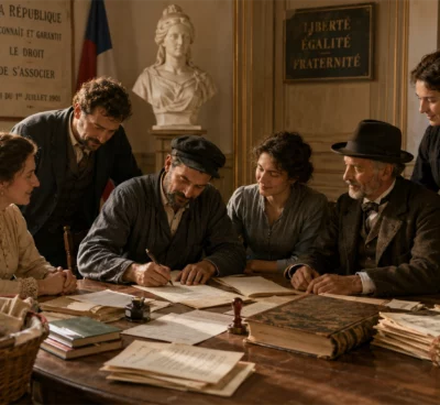 Des citoyens réunis dans une salle municipale française vers 1901 signent les statuts d’une association autour d’une table, symbole de la liberté d’association reconnue par la République.