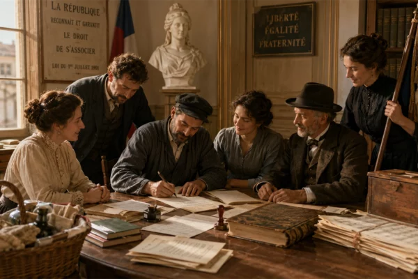 Des citoyens réunis dans une salle municipale française vers 1901 signent les statuts d’une association autour d’une table, symbole de la liberté d’association reconnue par la République.
