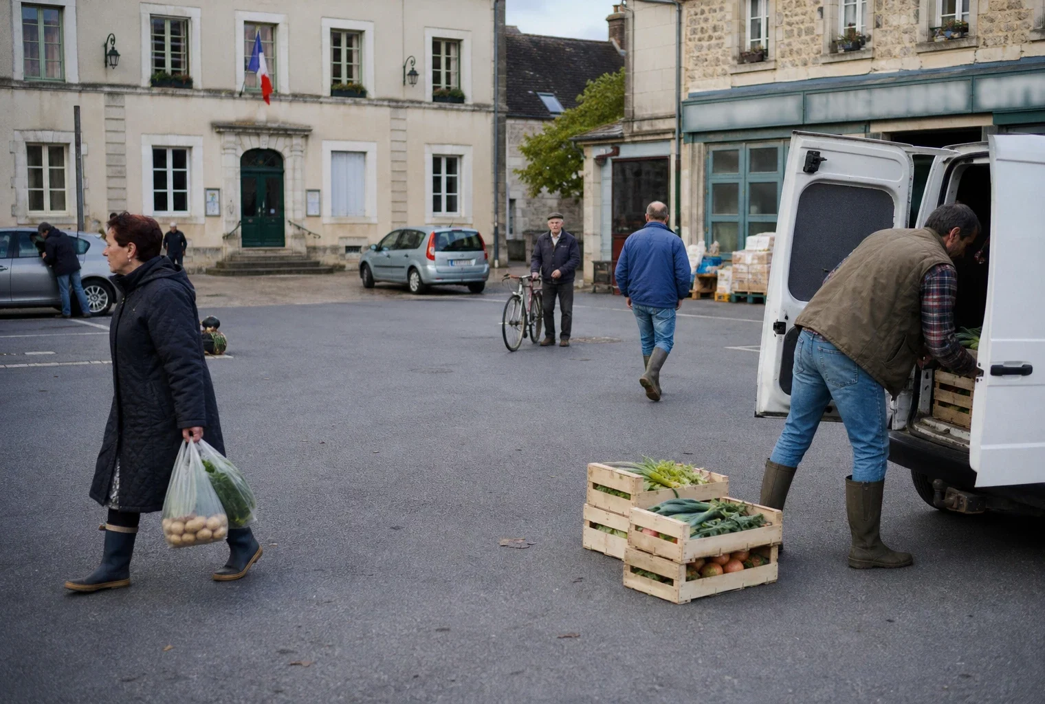 Scène de marché dans une ville moyenne française, avec agriculteurs et habitants anonymes près d’une mairie.
