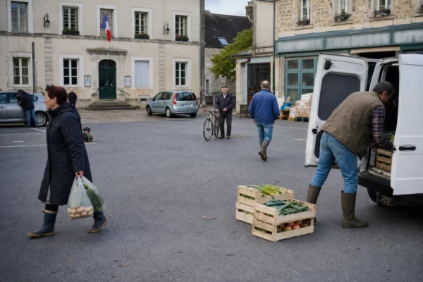 Scène de marché dans une ville moyenne française, avec agriculteurs et habitants anonymes près d’une mairie.
