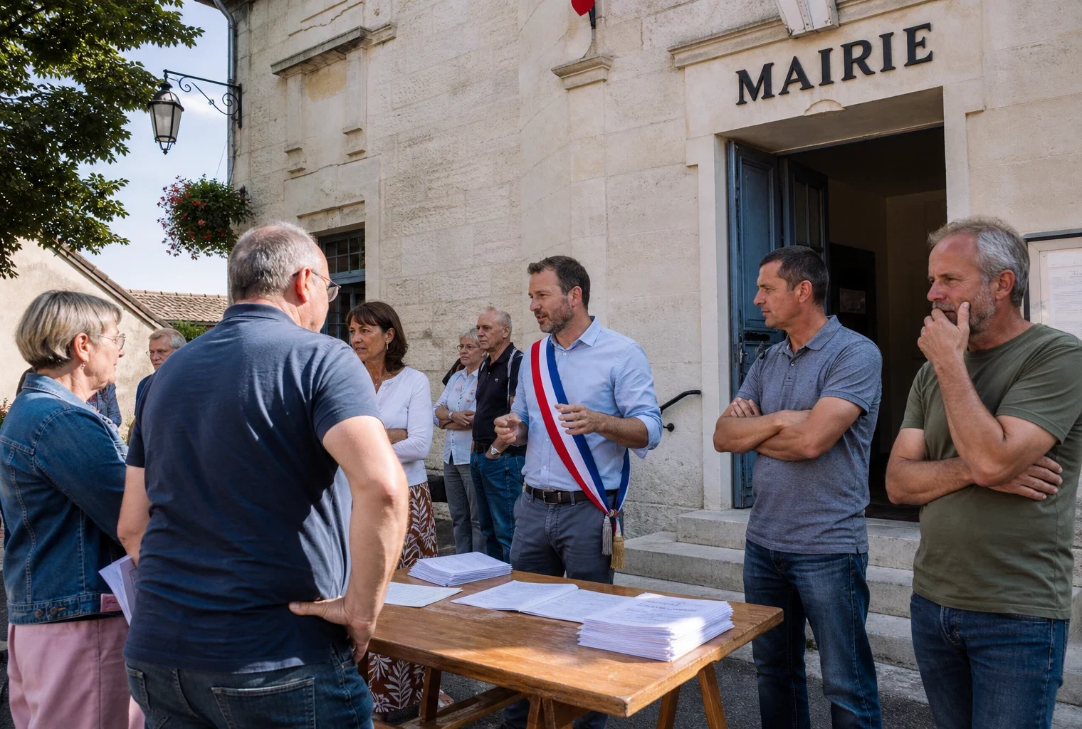 Des citoyens discutent devant une mairie française au sujet des effets d’une loi agricole sur la vie locale.
