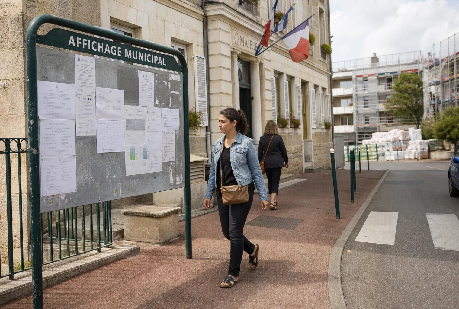 Rue d’une ville moyenne française avec mairie, immeubles en rénovation et habitants anonymes sous la lumière du jour