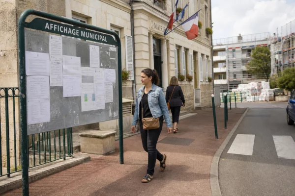 Rue d’une ville moyenne française avec mairie, immeubles en rénovation et habitants anonymes sous la lumière du jour