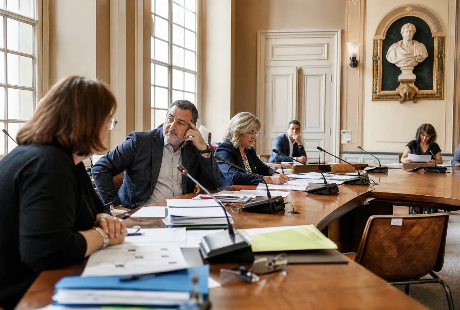 Salle municipale lumineuse avec micros, dossiers flous et chaise vide lors d’un débat local sur la loi agricole