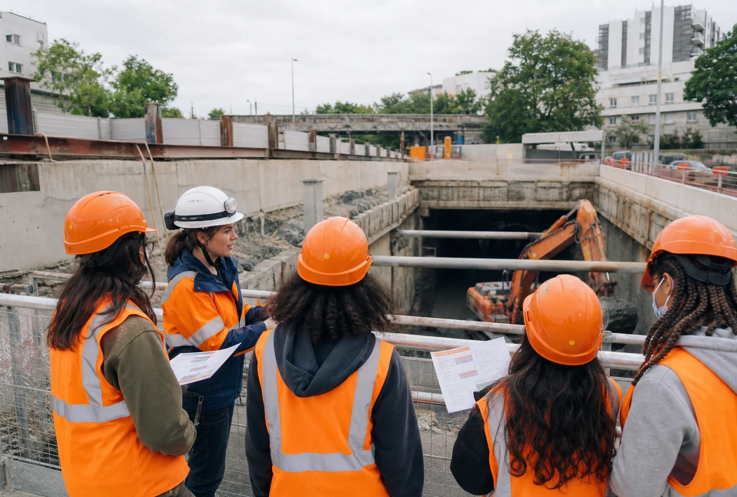 Lycéennes en visite sur un chantier de métro francilien avec une cheffe de chantier