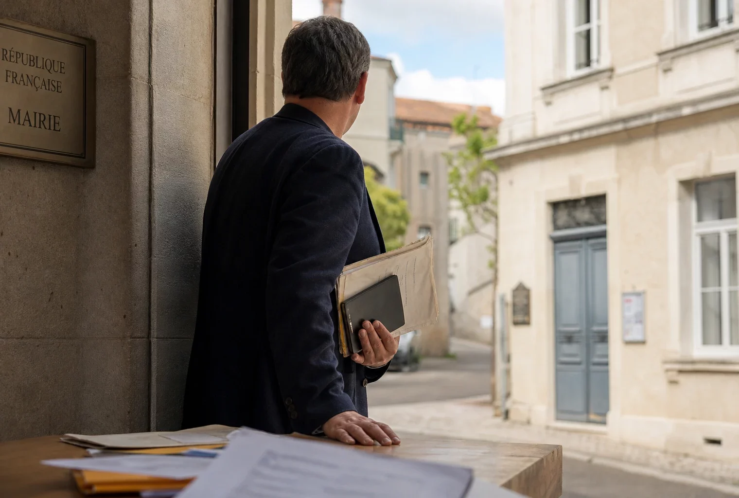 Un élu local de dos tient un dossier devant la mairie, dans une scène de tension civique en lumière naturelle.