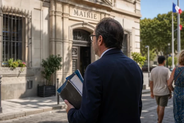 Un élu local anonyme de dos devant la mairie d’Avignon, avec carnet en main et ambiance estivale de manifestation culturelle.