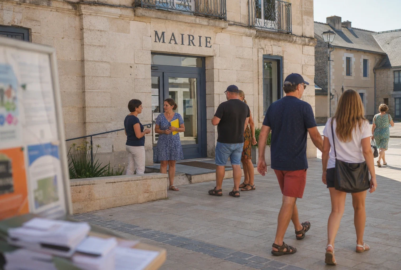 Scène civique calme devant une mairie de bord de mer, avec des habitants anonymes et une lumière naturelle claire.