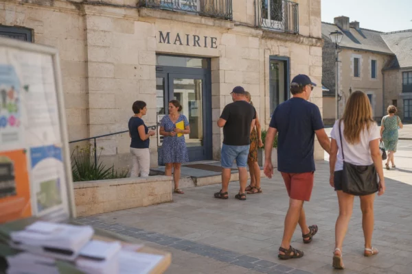 Scène civique calme devant une mairie de bord de mer, avec des habitants anonymes et une lumière naturelle claire.
