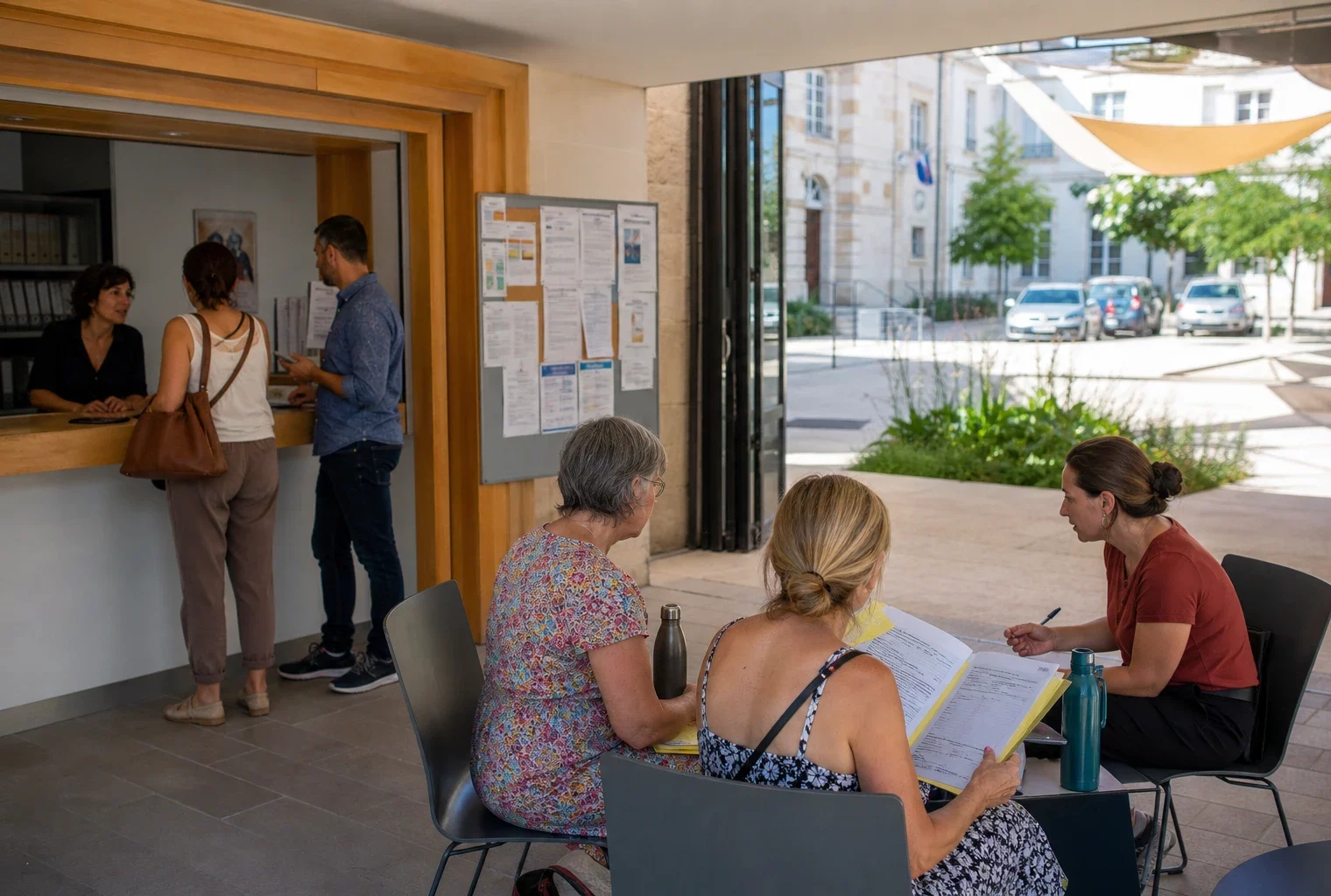 Dans une mairie française, des habitants discutent avec des agents municipaux de l’adaptation aux fortes chaleurs.