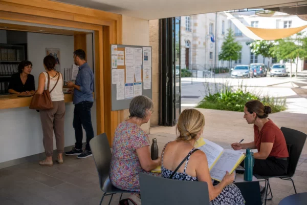 Dans une mairie française, des habitants discutent avec des agents municipaux de l’adaptation aux fortes chaleurs.