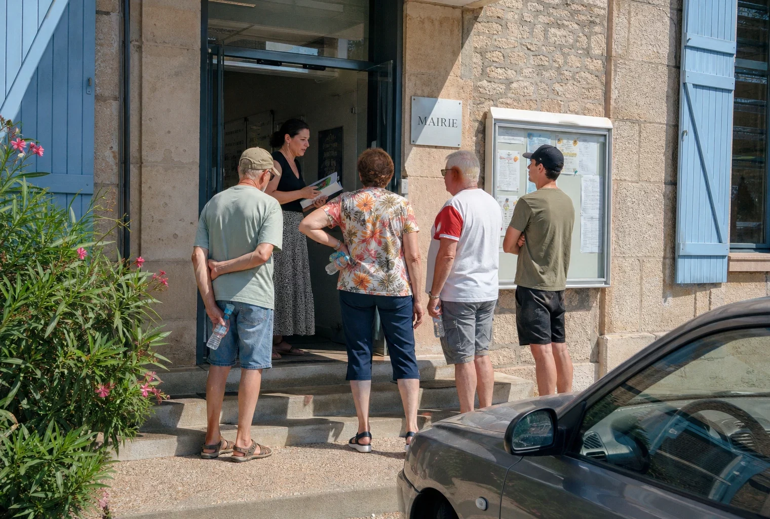 Des habitants discutent devant une mairie française par forte chaleur, dans une scène de vie citoyenne ordinaire.