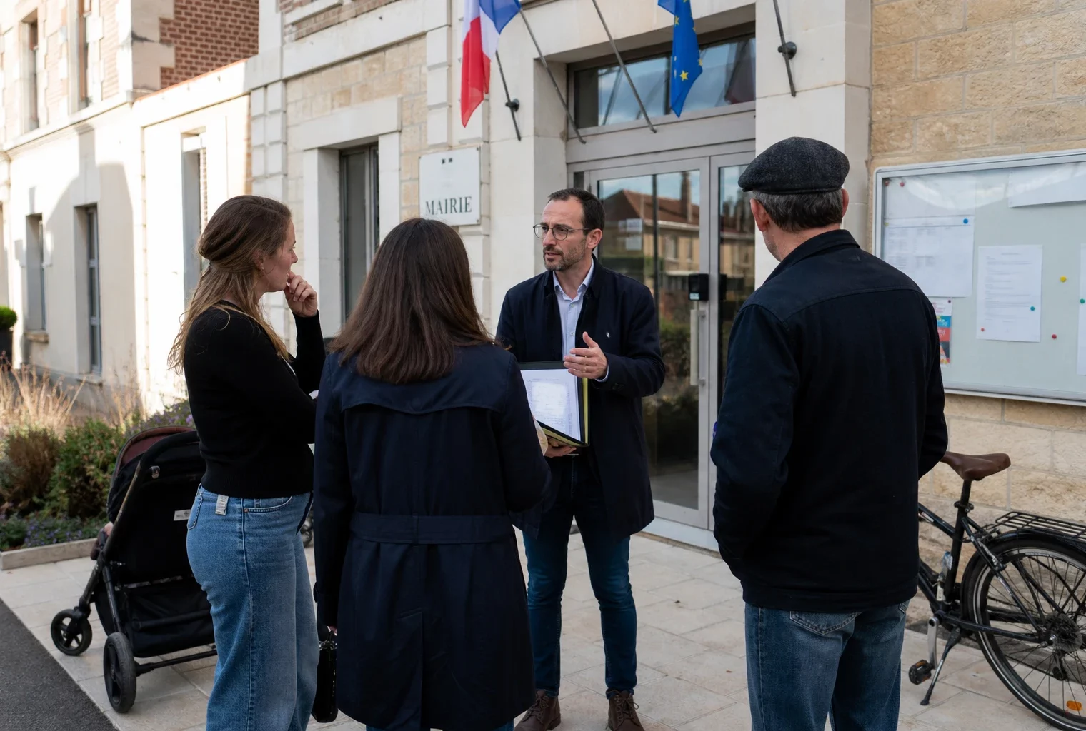 Des habitants discutent devant une mairie française, dans une scène locale liée au débat politique et au bilan présidentiel.