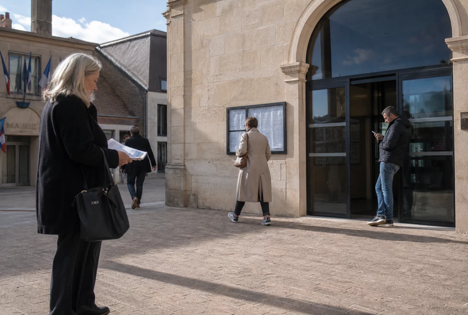 Des passants anonymes devant une mairie française, avec une ambiance de vie citoyenne claire et quotidienne.