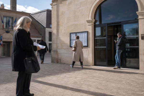 Des passants anonymes devant une mairie française, avec une ambiance de vie citoyenne claire et quotidienne.