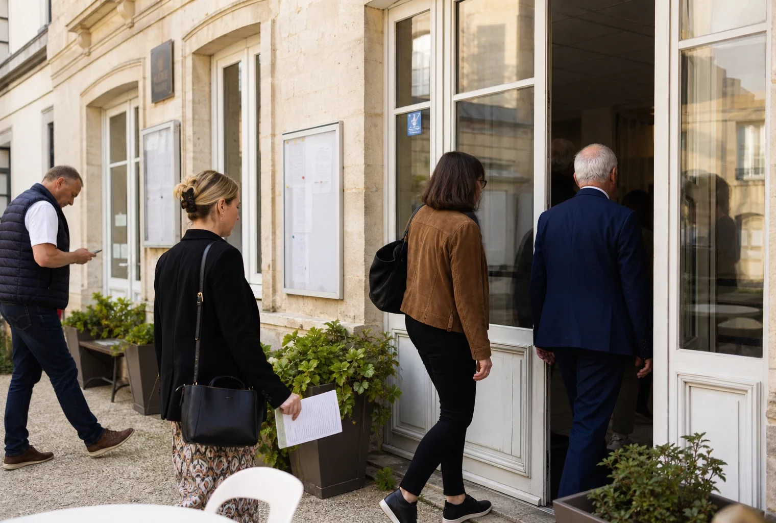 Des citoyens anonymes entrent dans une mairie de ville moyenne lors d’une réunion locale en lumière du jour.