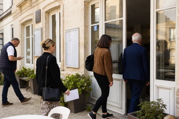Des citoyens anonymes entrent dans une mairie de ville moyenne lors d’une réunion locale en lumière du jour.