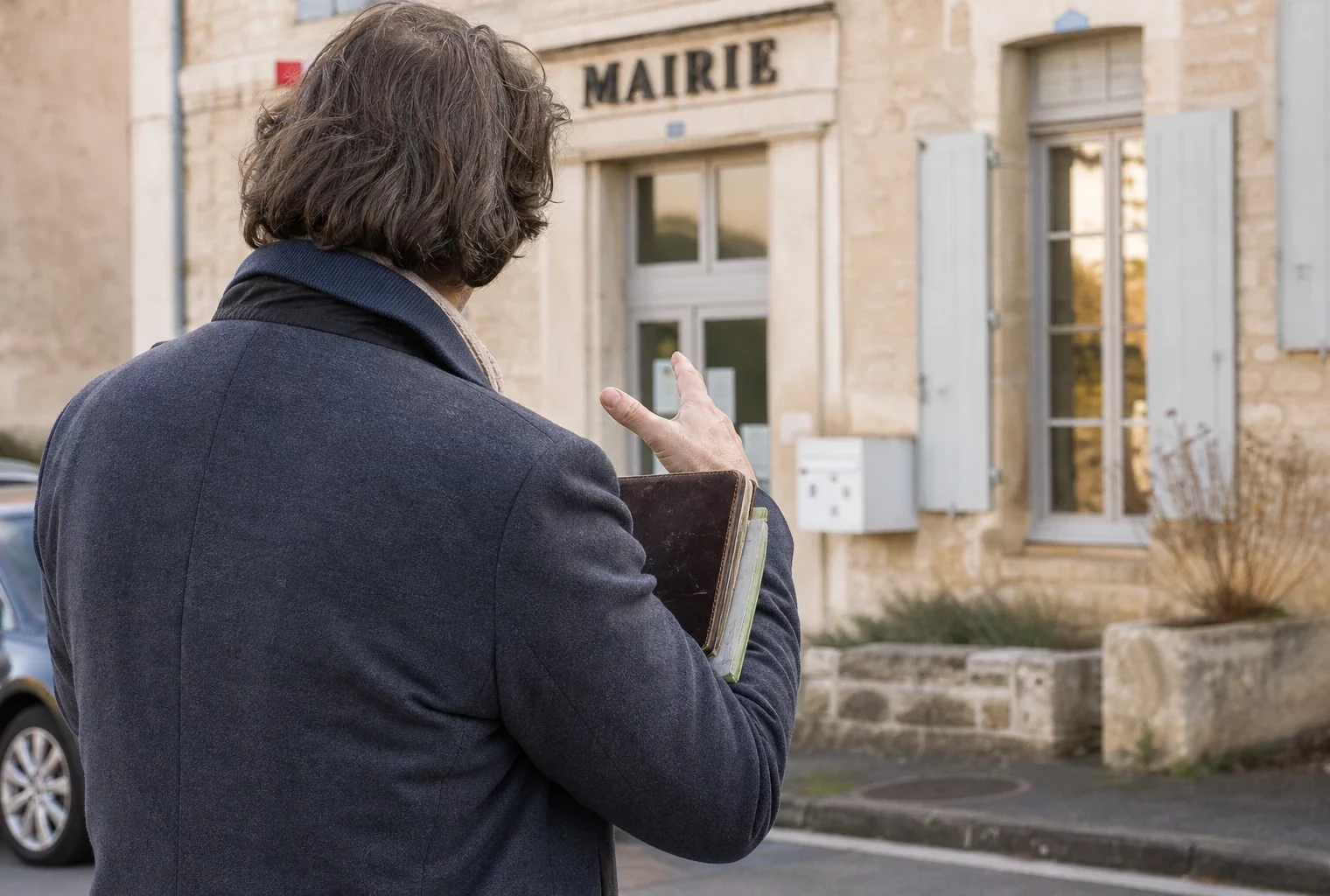 Collaborateur municipal anonyme devant une mairie de village, carnet en main, dans une rue calme au soleil de fin d’après-midi