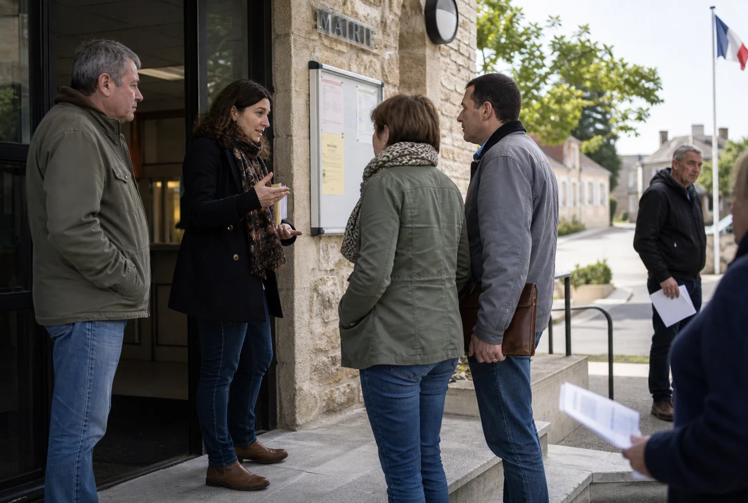 Des citoyens échangent devant une mairie de quartier au sujet de la loi agricole, dans une scène de vie locale en journée.