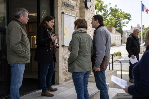 Des citoyens échangent devant une mairie de quartier au sujet de la loi agricole, dans une scène de vie locale en journée.