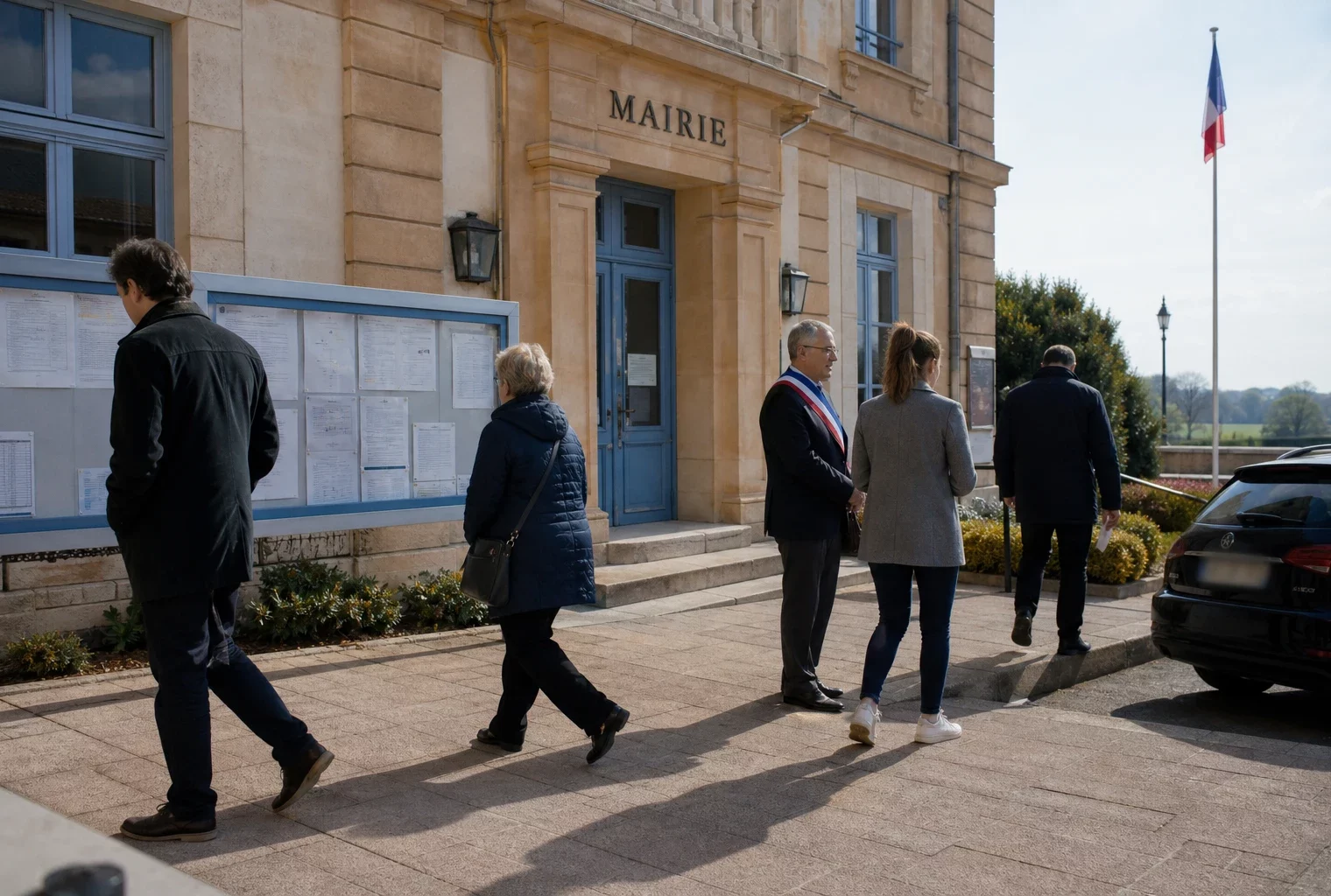 Des citoyens passent devant une mairie française lors d’une journée calme, dans un contexte de tension frontalière.