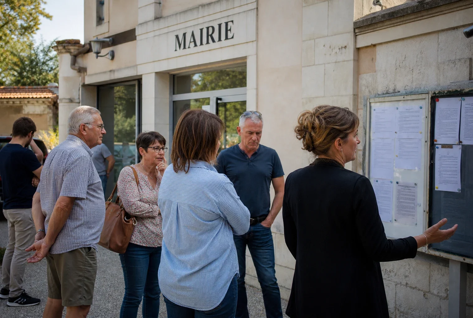 Devant une mairie française, des habitants anonymes discutent près d’un panneau municipal en plein jour.
