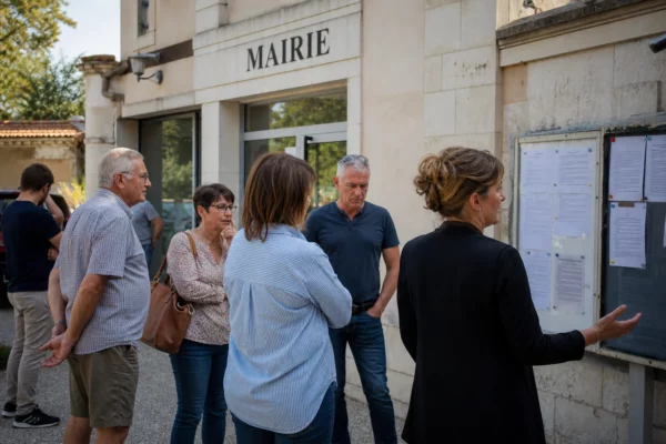 Devant une mairie française, des habitants anonymes discutent près d’un panneau municipal en plein jour.