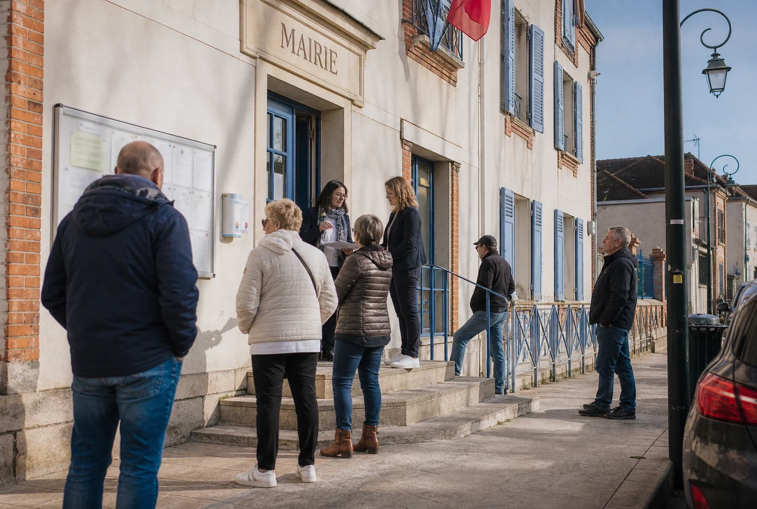 Des habitants attendent devant une mairie française lors d’un échange avec des agents municipaux en journée.