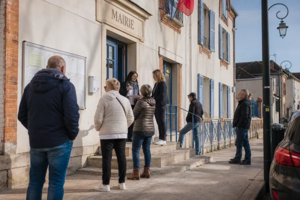 Des habitants attendent devant une mairie française lors d’un échange avec des agents municipaux en journée.