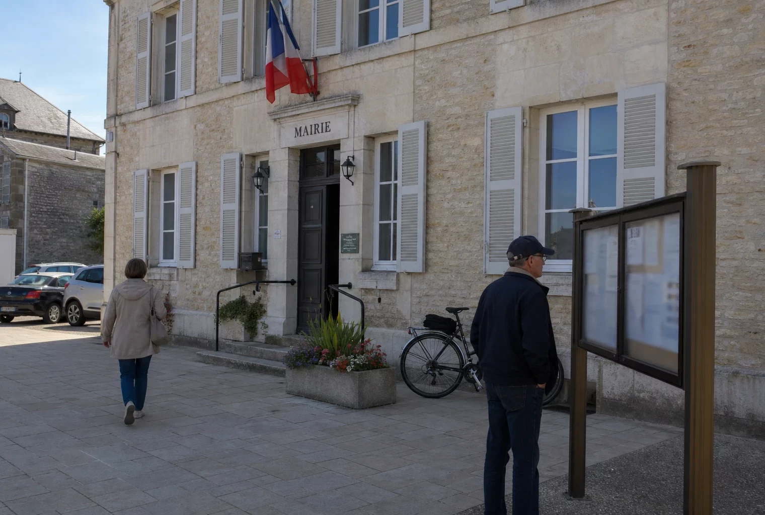 Des passants devant une mairie de ville française, sous une lumière claire, dans une scène civique liée à l’élection.