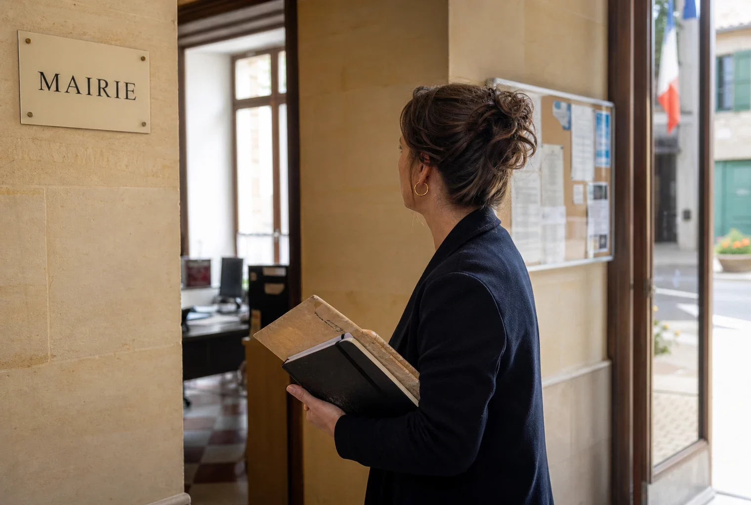 Un élu local anonyme tient un dossier dans un couloir lumineux de mairie, avec une rue française floue en arrière-plan.