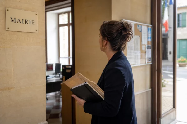 Un élu local anonyme tient un dossier dans un couloir lumineux de mairie, avec une rue française floue en arrière-plan.