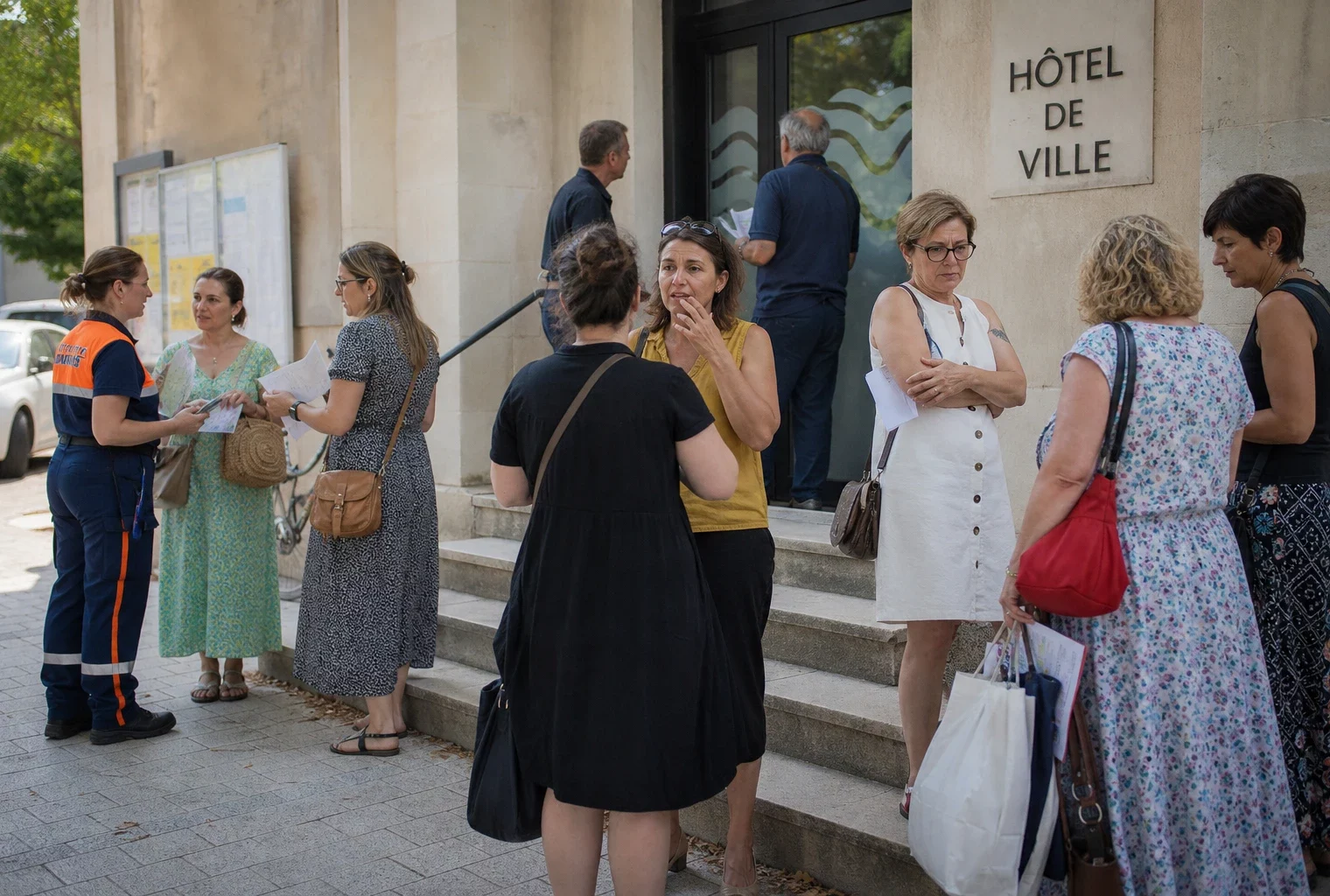 Des habitants et des agents municipaux échangent devant une mairie de province après les alertes aux incendies.