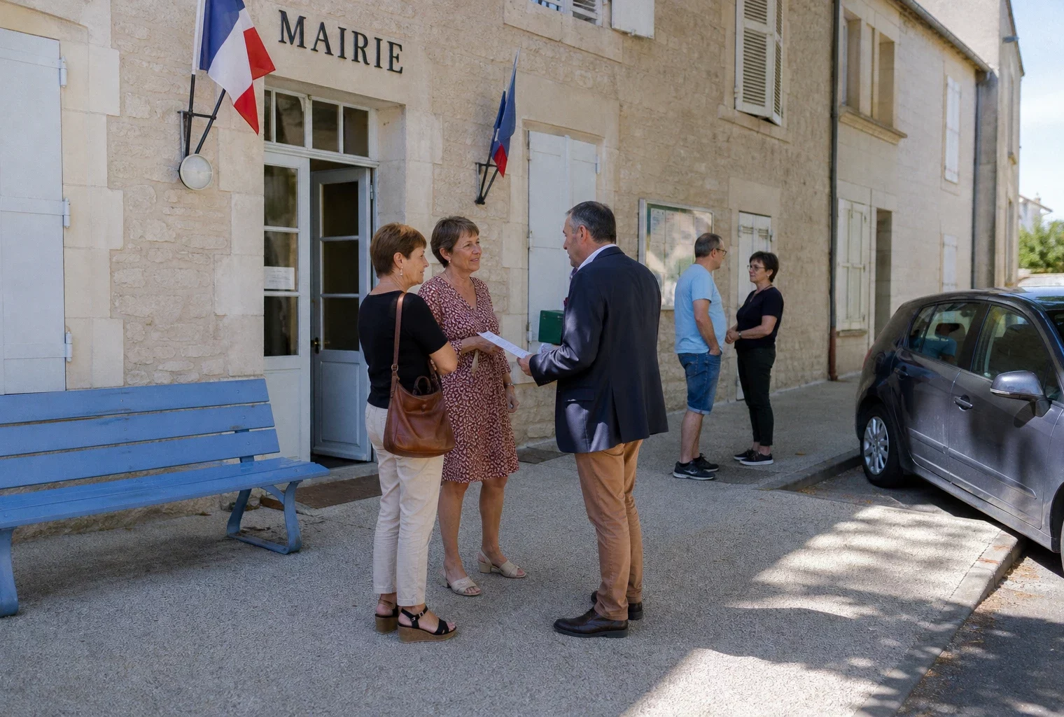 Des habitants discutent devant la mairie d’une petite ville, sous une lumière naturelle claire et quotidienne.