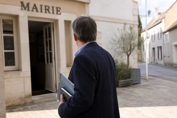 Élu local anonyme devant une mairie française, dossier en main, dans une lumière naturelle claire près de Fontainebleau